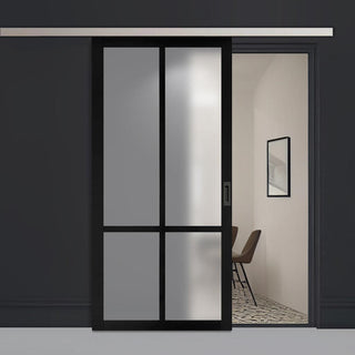Image: Single Sliding Door & Premium Wall Track - Eco-Urban® Bronx 4 Pane Door DD6315SG - Frosted Glass - 6 Colour Options