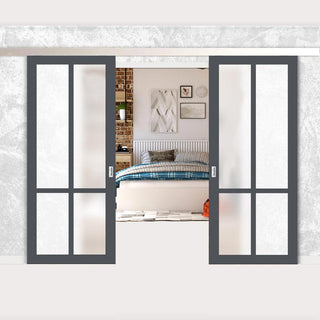 Image: Double Sliding Door & Premium Wall Track - Eco-Urban® Bronx 4 Pane Doors DD6315SG - Frosted Glass - 6 Colour Options
