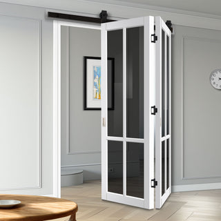 Image: SpaceEasi Top Mounted Black Folding Track & Double Door - Handcrafted Eco-Urban Bronx 4 Pane Solid Wood Door DD6315 - Tinted Glass - Premium Primed Colour Options
