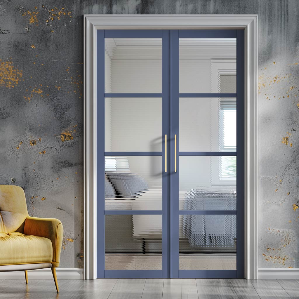 Brooklyn 4 Pane Solid Wood Internal Door Pair UK Made DD6308 - Clear Reeded Glass - Eco-Urban® Heather Blue Premium Primed