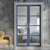Brooklyn 4 Pane Solid Wood Internal Door Pair UK Made DD6308 - Clear Reeded Glass - Eco-Urban® Heather Blue Premium Primed