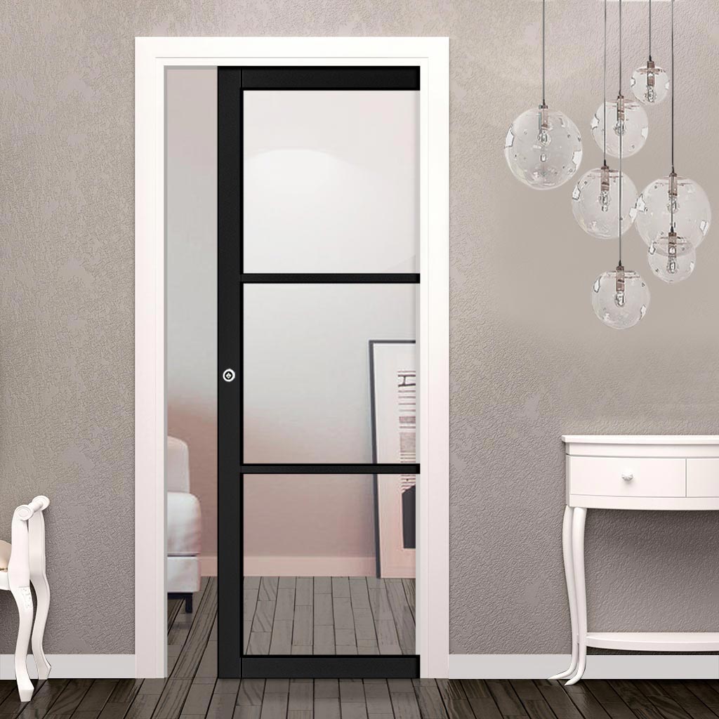 Camden Black Single Evokit Pocket Door - Prefinished - Clear Glass - Urban Collection