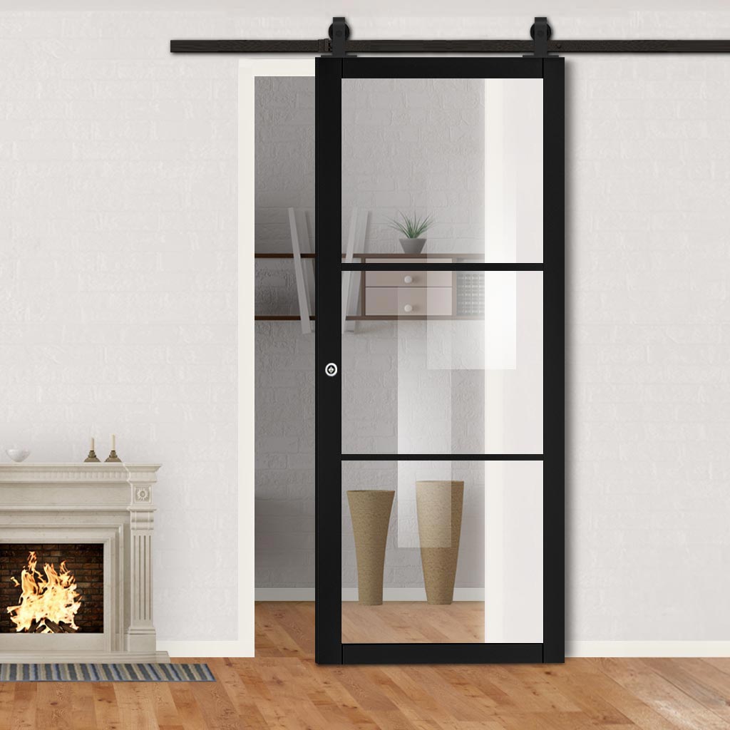 Top Mounted Sliding Track & Door - Camden Black Door - Prefinished - Clear Glass - Urban Collection