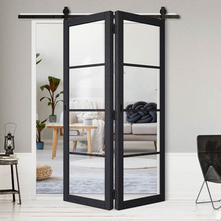 Image: Sliding Top Mounted Black Folding Track & Double Door - Soho 4 Pane Charcoal Door - Clear Glass - Prefinished