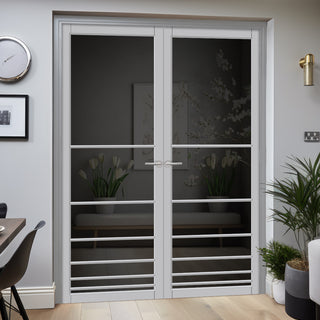 Image: Chord Solid Wood Internal Door Pair UK Made DD0110T Tinted Glass - Mist Grey Premium Primed - Urban Lite® Bespoke Sizes