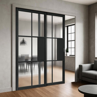 Image: Civic Black Industrial Staffetta Twin Telescopic Pocket Doors - Reeded  Glass - Prefinished