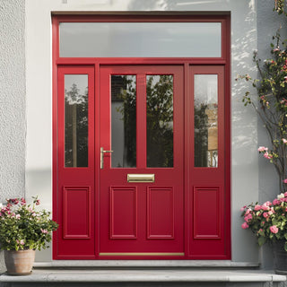 Image: Exterior Colonial 2L 2P Front Door with Two Sidelights & Transom - Customisable: Size, Colour, Glass and Sidelight Options