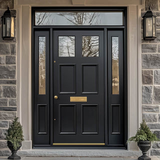 Image: Exterior Colonial 2L 4P Front Door with Two Sidelights & Transom - Customisable: Size, Colour, Glass and Sidelight Options