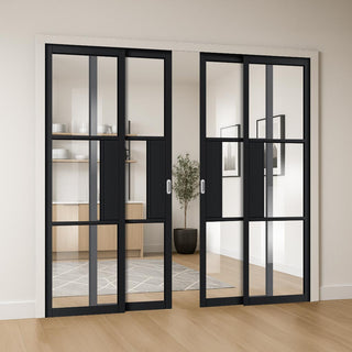 Image: Cosmo Black Industrial Staffetta Quad Telescopic Pocket Doors - Clear Glass - Laminated - Prefinished