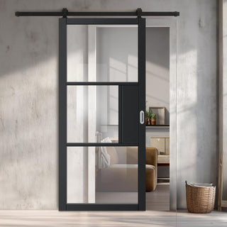 Image: Top Mounted Black Sliding Track & Door - Cosmo Black Industrial Door with Clear Glass - Laminated - Prefinished