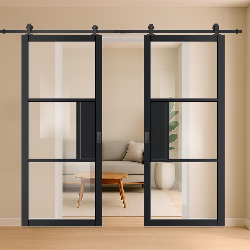 Top Mounted Black Sliding Track & Double Door - Cosmo Black Industrial Door with Clear Glass - Laminated - Prefinished