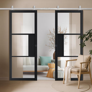 Image: Top Mounted Stainless Steel Sliding Track & Double Door - Cosmo Black Industrial Door with Clear Glass - Laminated - Prefinished