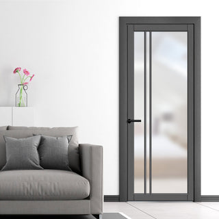 Image: Milano Solid Wood Internal Door UK Made  DD0101F Frosted Glass - Stormy Grey Premium Primed - Urban Lite® Bespoke Sizes