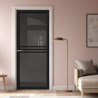 Image: Adina Solid Wood Internal Door UK Made  DD0107T Tinted Glass - Shadow Black Premium Primed - Urban Lite® Bespoke Sizes