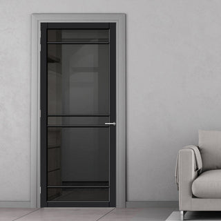 Image: Ebida Solid Wood Internal Door UK Made  DD0113T Tinted Glass - Shadow Black Premium Primed - Urban Lite® Bespoke Sizes