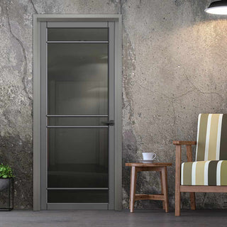 Image: Ebida Solid Wood Internal Door UK Made  DD0113T Tinted Glass - Stormy Grey Premium Primed - Urban Lite® Bespoke Sizes