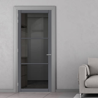 Image: Iretta Solid Wood Internal Door UK Made  DD0115T Tinted Glass - Stormy Grey Premium Primed - Urban Lite® Bespoke Sizes