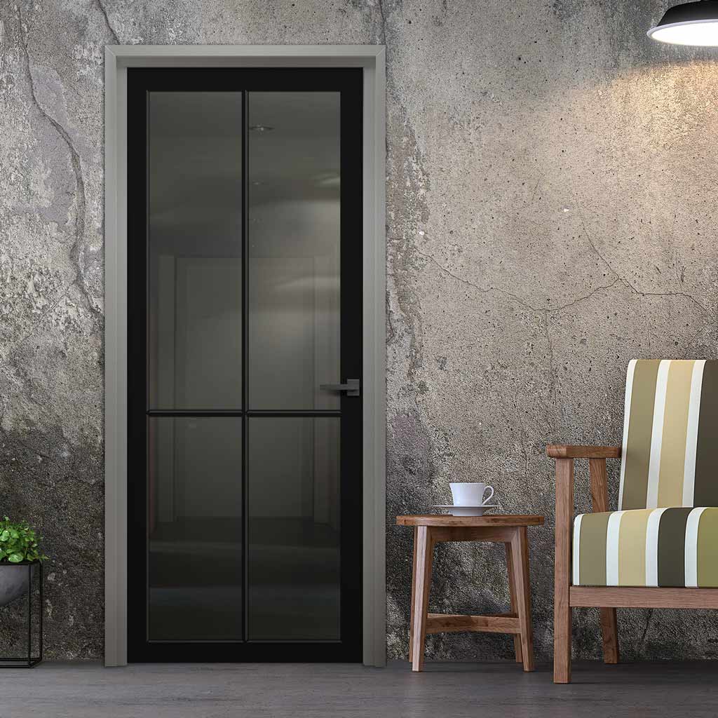 Kora Solid Wood Internal Door UK Made  DD0116T Tinted Glass - Shadow Black Premium Primed - Urban Lite® Bespoke Sizes