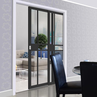 Image: Dalston Black Staffetta Twin Telescopic Pocket Door - Prefinished - Tinted Glass - Urban Collection