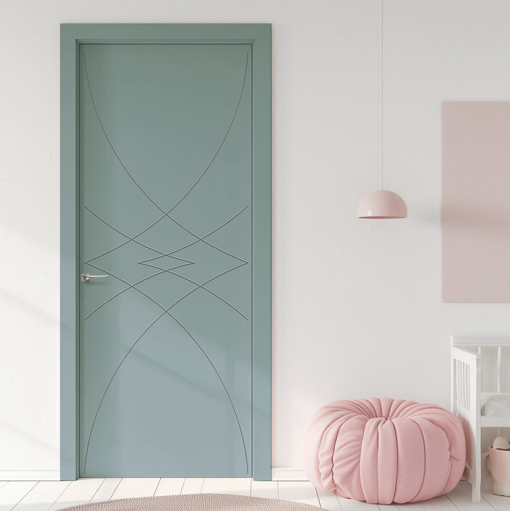 A green V-Line Grooved Flush Door with geometric patterns on the surface, in a room with a pink chair and a white ceiling.