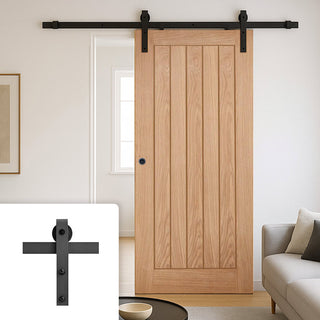 Image: Single Sliding Door & Black Barn Track - Belize Oak Door - Unfinished