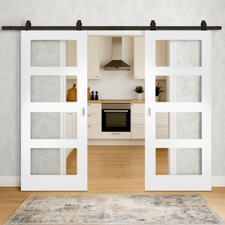 Image: Top Mounted Sliding Track & Double Door - Coventry White Primed Shaker Door - Clear Glass