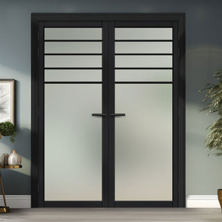 Image: Drake Solid Wood Internal Door Pair UK Made DD0108F Frosted Glass - Shadow Black Premium Primed - Urban Lite® Bespoke Sizes