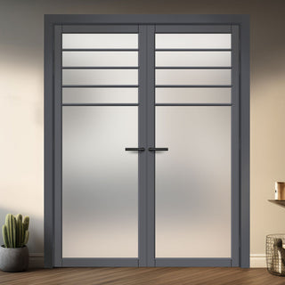 Image: Drake Solid Wood Internal Door Pair UK Made DD0108F Frosted Glass - Stormy Grey Premium Primed - Urban Lite® Bespoke Sizes