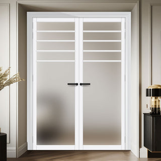 Image: Drake Solid Wood Internal Door Pair UK Made DD0108F Frosted Glass - Cloud White Premium Primed - Urban Lite® Bespoke Sizes