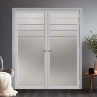 Image: Drake Solid Wood Internal Door Pair UK Made DD0108F Frosted Glass - Mist Grey Premium Primed - Urban Lite® Bespoke Sizes