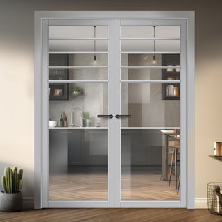 Image: Drake Solid Wood Internal Door Pair UK Made DD0108C Clear Glass - Mist Grey Premium Primed - Urban Lite® Bespoke Sizes
