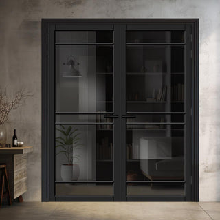 Image: Ebida Solid Wood Internal Door Pair UK Made DD0113T Tinted Glass - Shadow Black Premium Primed - Urban Lite® Bespoke Sizes