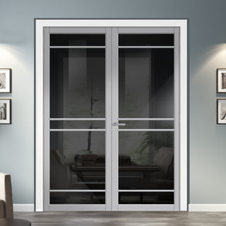 Image: Ebida Solid Wood Internal Door Pair UK Made DD0113T Tinted Glass - Mist Grey Premium Primed - Urban Lite® Bespoke Sizes