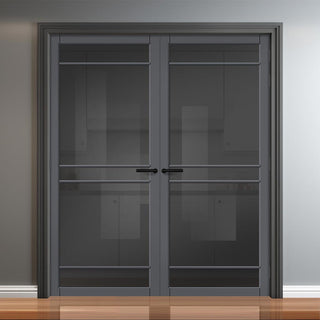 Image: Ebida Solid Wood Internal Door Pair UK Made DD0113T Tinted Glass - Stormy Grey Premium Primed - Urban Lite® Bespoke Sizes