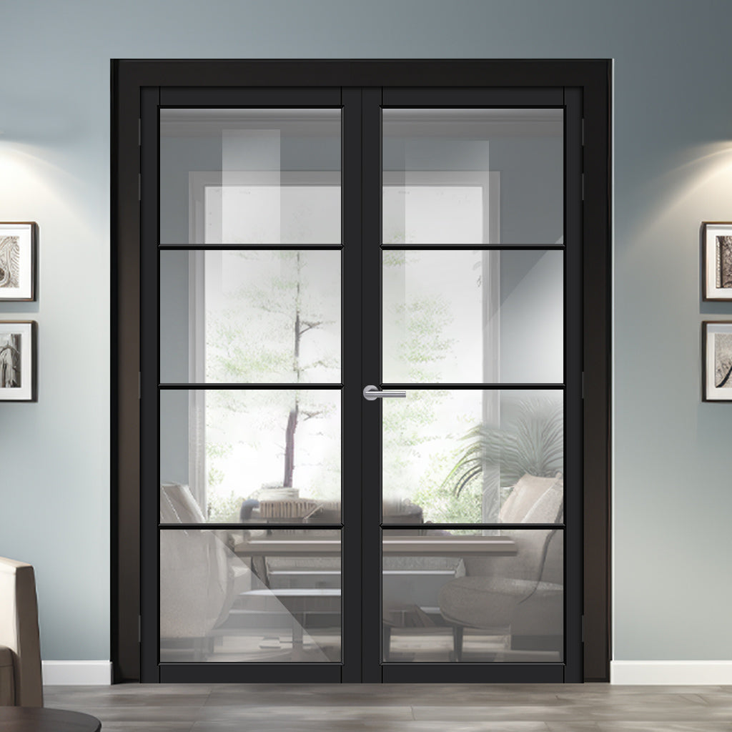 Florence Solid Wood Internal Door Pair UK Made DD0114C Clear Glass - Shadow Black Premium Primed - Urban Lite® Bespoke Sizes