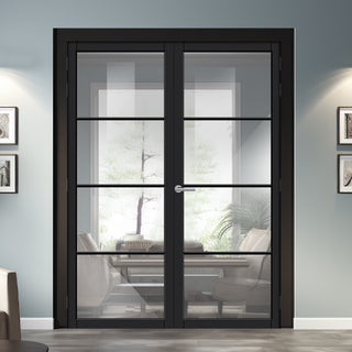 Image: Florence Solid Wood Internal Door Pair UK Made DD0114C Clear Glass - Shadow Black Premium Primed - Urban Lite® Bespoke Sizes