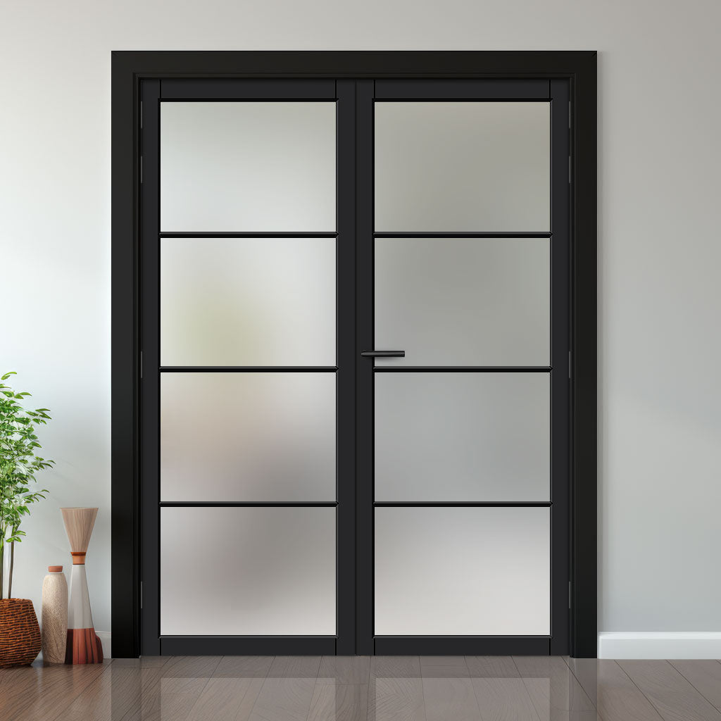 Firena Solid Wood Internal Door Pair UK Made DD0114F Frosted Glass - Shadow Black Premium Primed - Urban Lite® Bespoke Sizes
