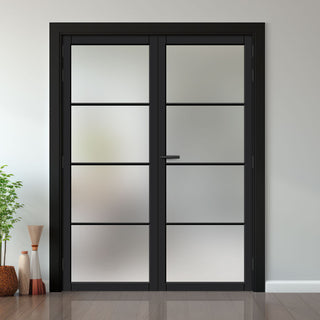 Image: Firena Solid Wood Internal Door Pair UK Made DD0114F Frosted Glass - Shadow Black Premium Primed - Urban Lite® Bespoke Sizes