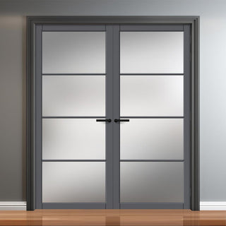 Image: Firena Solid Wood Internal Door Pair UK Made DD0114F Frosted Glass - Stormy Grey Premium Primed - Urban Lite® Bespoke Sizes