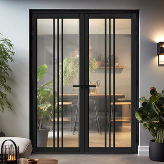 Image: Galeria Solid Wood Internal Door Pair UK Made DD0102C Clear Glass - Shadow Black Premium Primed - Urban Lite® Bespoke Sizes