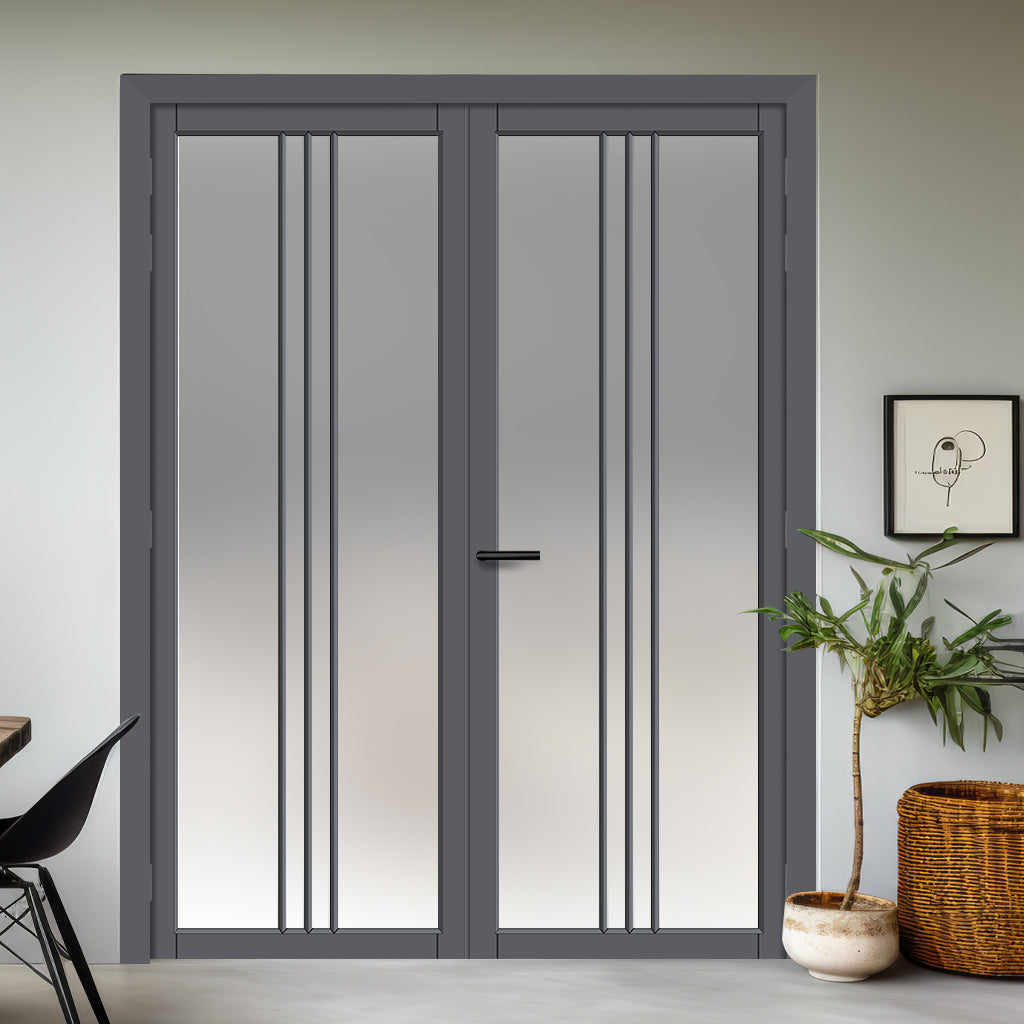 Galeria Solid Wood Internal Door Pair UK Made DD0102F Frosted Glass - Stormy Grey Premium Primed - Urban Lite® Bespoke Sizes