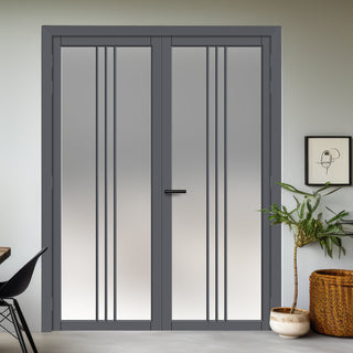Image: Galeria Solid Wood Internal Door Pair UK Made DD0102F Frosted Glass - Stormy Grey Premium Primed - Urban Lite® Bespoke Sizes