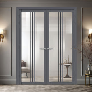 Image: Galeria Solid Wood Internal Door Pair UK Made DD0102C Clear Glass - Stormy Grey Premium Primed - Urban Lite® Bespoke Sizes