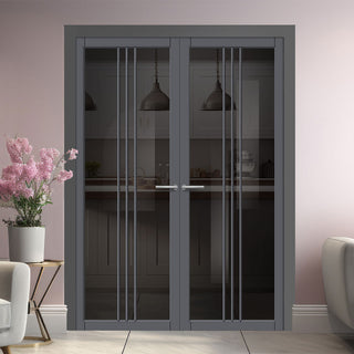 Image: Galeria Solid Wood Internal Door Pair UK Made DD0102T Tinted Glass - Stormy Grey Premium Primed - Urban Lite® Bespoke Sizes