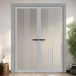 Image: Galeria Solid Wood Internal Door Pair UK Made DD0102F Frosted Glass - Mist Grey Premium Primed - Urban Lite® Bespoke Sizes