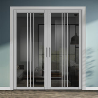 Image: Galeria Solid Wood Internal Door Pair UK Made DD0102T Tinted Glass - Mist Grey Premium Primed - Urban Lite® Bespoke Sizes