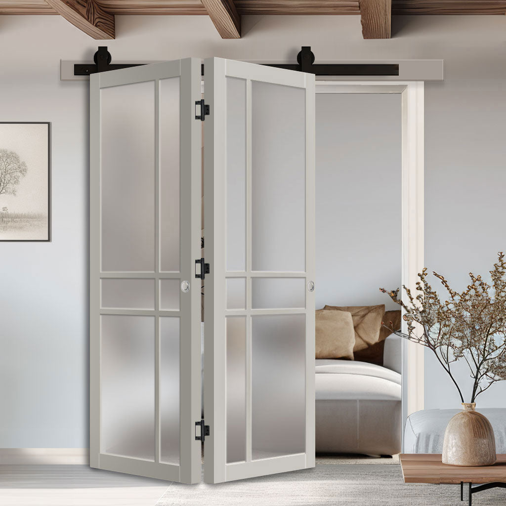Sliding Top Mounted Black Folding Track & Double Door - Eco-Urban® Glasgow 6 Pane Solid Wood Door DD6314SG - Frosted Glass - Premium Primed Colour Options