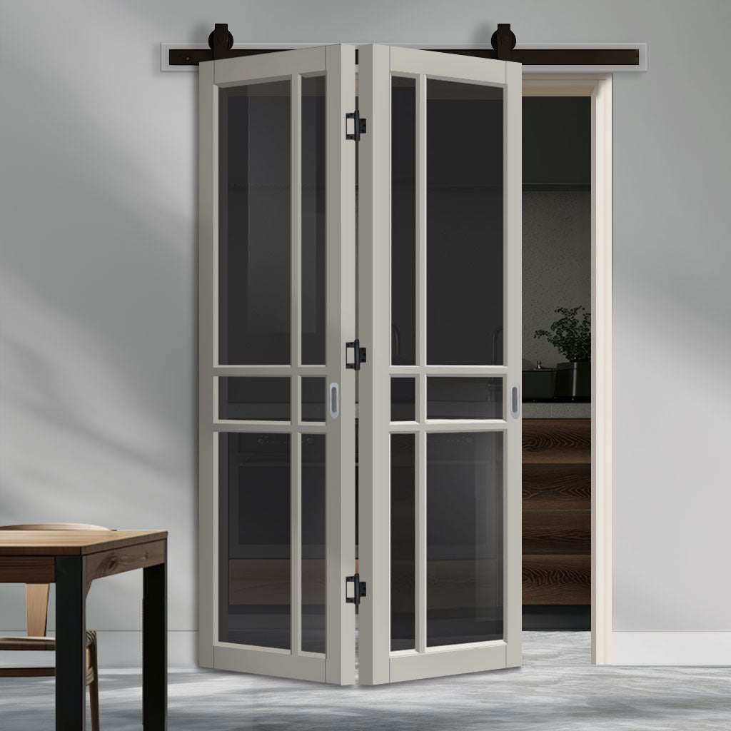 Sliding Top Mounted Black Folding Track & Double Door - Handcrafted Eco-Urban Glasgow 6 Pane Solid Wood Door DD6314 - Tinted Glass - Premium Primed Colour Options