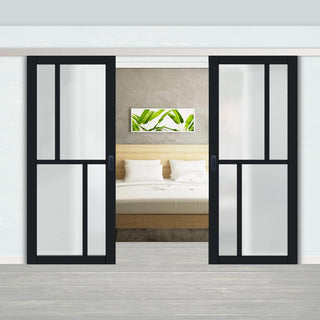 Image: Double Sliding Door & Premium Wall Track - Eco-Urban® Hampton 4 Pane Doors DD6413SG Frosted Glass - 6 Colour Options