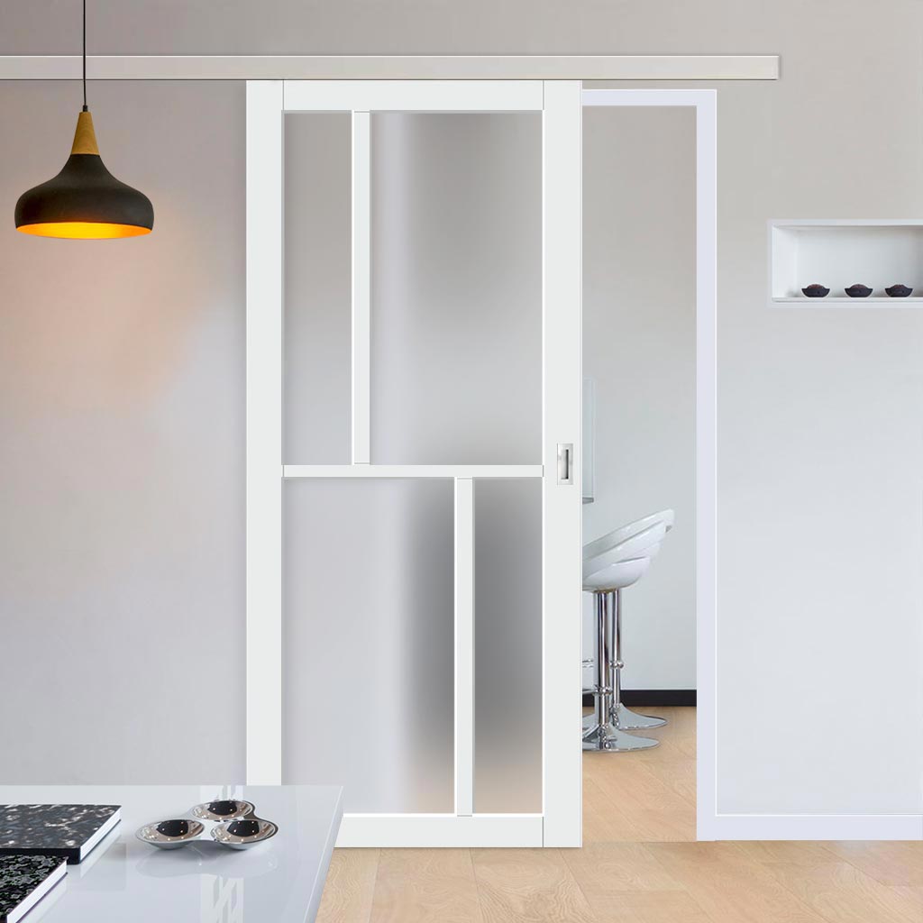 Single Sliding Door & Premium Wall Track - Eco-Urban® Hampton 4 Pane Door DD6413SG Frosted Glass - 6 Colour Options